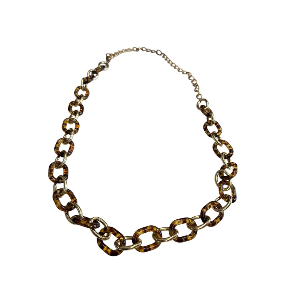Tortoise Shell Chunky Chain Link Necklace Gold Tone Adjustable Statement Brown